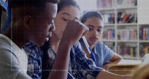 Teen boy raising pencil and initiating education session with peers in library showing grid overlay. Collaboration, learning, education, teamwork, concentration, study, mentorship - Powered by Shutterstock - Get 15% off with code: PIKWIZARD15