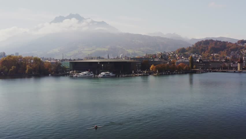 Aerial view of the KKL Luzern reflecting on the lake