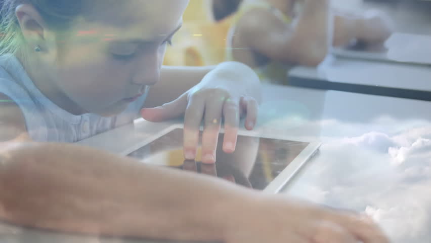 Girl tapping tablet screen and initiating digital network overlay for enhancing classroom learning. Children, education, technology, connectivity, digital, learning, classroom - Powered by Shutterstock - Get 15% off with code: PIKWIZARD15