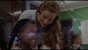 Teacher leaning over keyboard and pointing at monitor to guide students typing in computer lab. Collaboration, mentorship, education, technology, focus, guidance, diversity - Powered by Shutterstock - Get 15% off with code: PIKWIZARD15