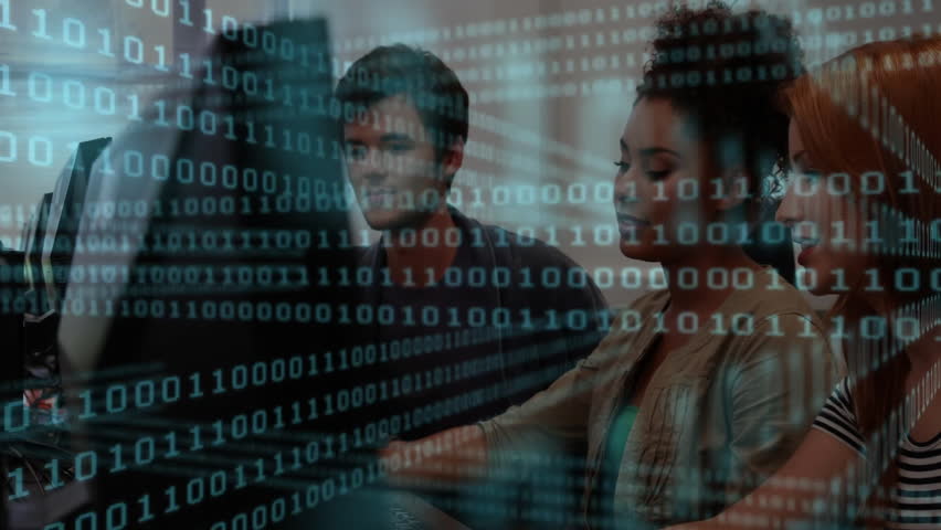 On code load developers leaning in lab typing and pointing screen for debugging with binary overlay. Technology, collaboration, innovation, digital, workspace, teamwork, programming - Powered by Shutterstock - Get 15% off with code: PIKWIZARD15