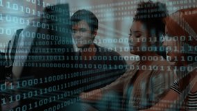 On code load developers leaning in lab typing and pointing screen for debugging with binary overlay. Technology, collaboration, innovation, digital, workspace, teamwork, programming - Powered by Shutterstock - Get 15% off with code: PIKWIZARD15