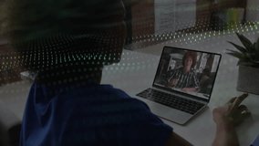 Student opening laptop joining education watching instructor explaining with falling data overlay. Technology, education, communication, workspace, digital, remote, professional - Powered by Shutterstock - Get 15% off with code: PIKWIZARD15