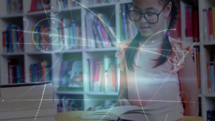 Child girl opening book for learning causing holographic rings and data lines appearing over page. Education, curiosity, innovation, digital, literacy, youth, learning