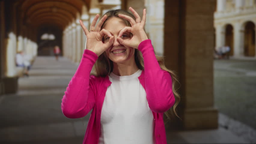 Woman uses hands gesturing binoculars on street where young blonde walks through old town outdoors, smiling.