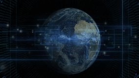 When equator glow appearing triggers HUD frames in, Earth rotating pulsing lines showing data flow. Geography, data visualization, futuristic, technology, digital analysis, space exploration, - Powered by Shutterstock - Get 15% off with code: PIKWIZARD15