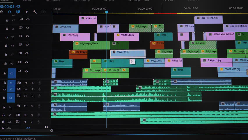 Multitrack timeline with audio and video layers in editing software, Detailed view of video editing interface showing stacked tracks and audio waveforms