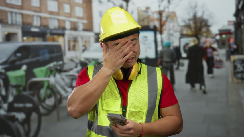 Construction worker man in urban street counting money while dressed in a bright safety vest and hard hat, surrounded by city life, depicting an outdoor urban scene.