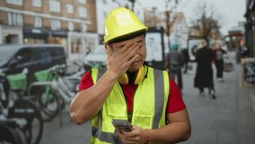Construction worker man in urban street counting money while dressed in a bright safety vest and hard hat, surrounded by city life, depicting an outdoor urban scene. - Powered by Shutterstock - Get 15% off with code: PIKWIZARD15