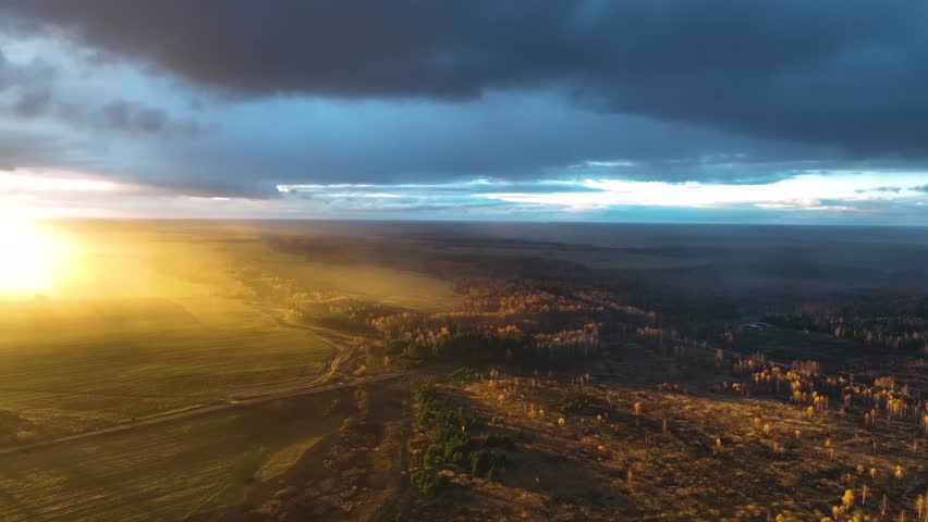 Amazing aerial view of forest and road at sunset cloudy.
