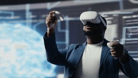 Digital tech expert coding and using VR headset at innovation hub, showcasing the intersection of data science and cybersecurity. Coding life immersed in high tech code development. Camera B. - Powered by Shutterstock - Get 15% off with code: PIKWIZARD15
