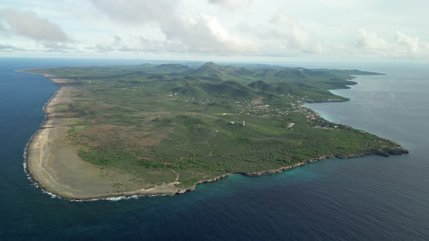 Wide aerial from Curaçao’s north capturing the island’s full width and surrounding ocean.
Use: Tourism reels, destination maps, travel promos.