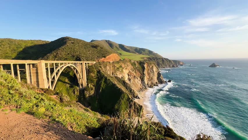 Bixby Bridge Rocky Creek Bridge in Big Sur California,pacific coast highway, handheld video