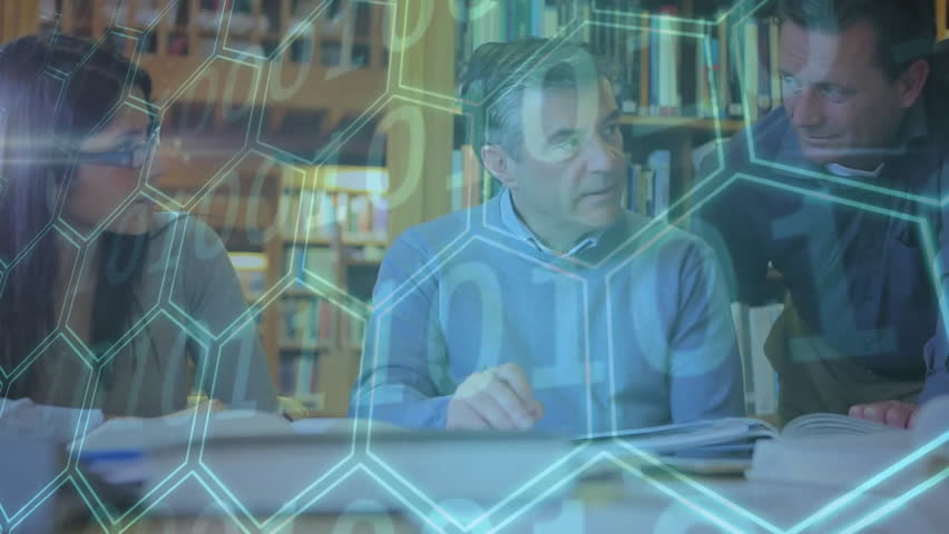 Three education researchers studying books and pointing pages as hexagonal binary overlay fades. Collaboration, innovation, knowledge, learning, academic, technology, teamwork