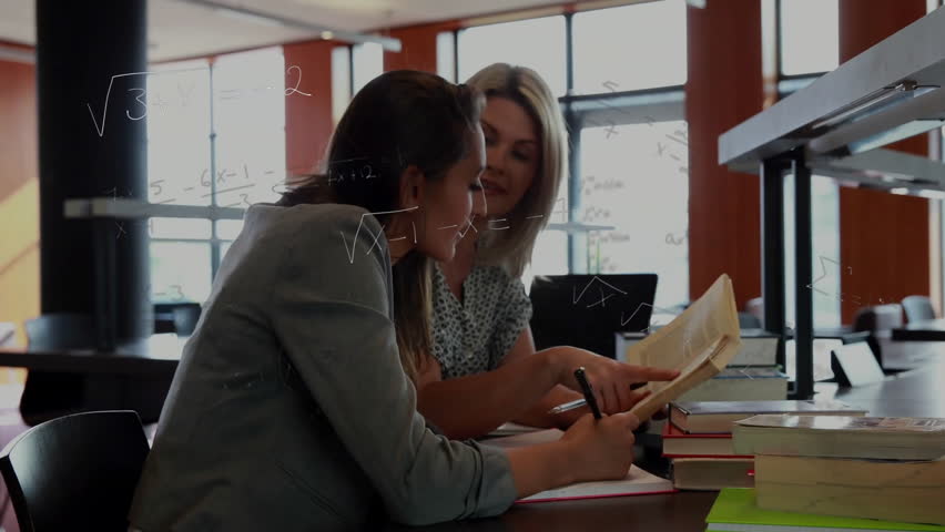 Student writing notes in math education after tutor pointing, guiding with equation overlay. Mentorship, collaboration, academic, learning, focused, modern, professional