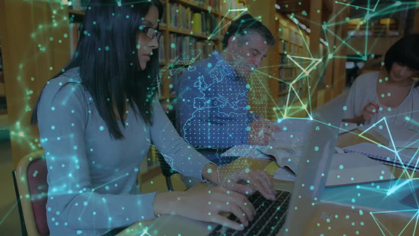 Study group typing marking pages for study with laptop, overlay appearing glowing network drifting. Collaboration, education, connection, library, technology, learning, network