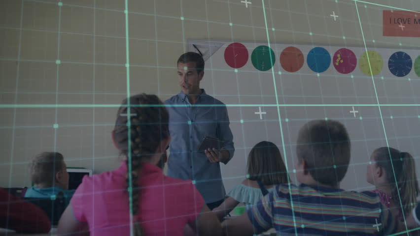 Teacher tapping tablet and guiding students through hand raising in lesson with teal grid overlay. Education, classroom, learning, curriculum, interactive, youthful, engagement