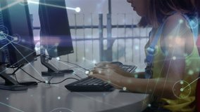 Child pressing keyboard initiating tech network overlay exploring data, shifting gaze and smiling. Children, education, technology, digital, innovation, focus, curiosity - Powered by Shutterstock - Get 15% off with code: PIKWIZARD15