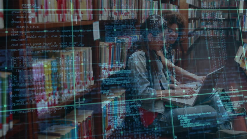 Woman typing on laptop with code overlay in library starting coding after peer joining tech project. Collaboration, teamwork, innovation, technology, education, digital, focus