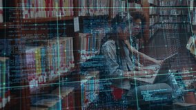 Woman typing on laptop with code overlay in library starting coding after peer joining tech project. Collaboration, teamwork, innovation, technology, education, digital, focus - Powered by Shutterstock - Get 15% off with code: PIKWIZARD15