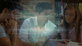 Study partners tapping tablets after joining library group, animating overlay supporting teamwork. Collaboration, innovation, digital, education, technology, teamwork, modern - Powered by Shutterstock - Get 15% off with code: PIKWIZARD15