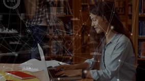 Education: Teenage girl moving into view, woman studying with laptop or book evolving network graphics. Collaboration, knowledge, innovation, digital, learning, concentration, mentorship - Powered by Shutterstock - Get 15% off with code: PIKWIZARD15