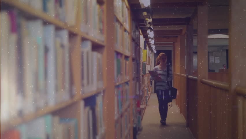 Female student initiating UI overlays while walking down library aisle accessing tech media prompts. Technology, literacy, education, digital, innovation, contemporary, discovery - Powered by Shutterstock - Get 15% off with code: PIKWIZARD15