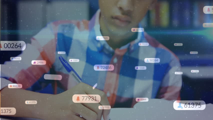 Teenage boy writing in study using pen, causing notification boxes drifting across notebook page. Teenager, focus, concentration, education, technology, digital, learning - Powered by Shutterstock - Get 15% off with code: PIKWIZARD15