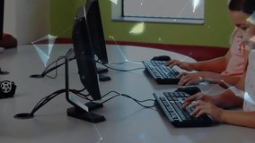 After blonde girl speaking two students typing in education while network evolving into globe. Students, collaboration, technology, digital, networking, education, learning - Powered by Shutterstock - Get 15% off with code: PIKWIZARD15