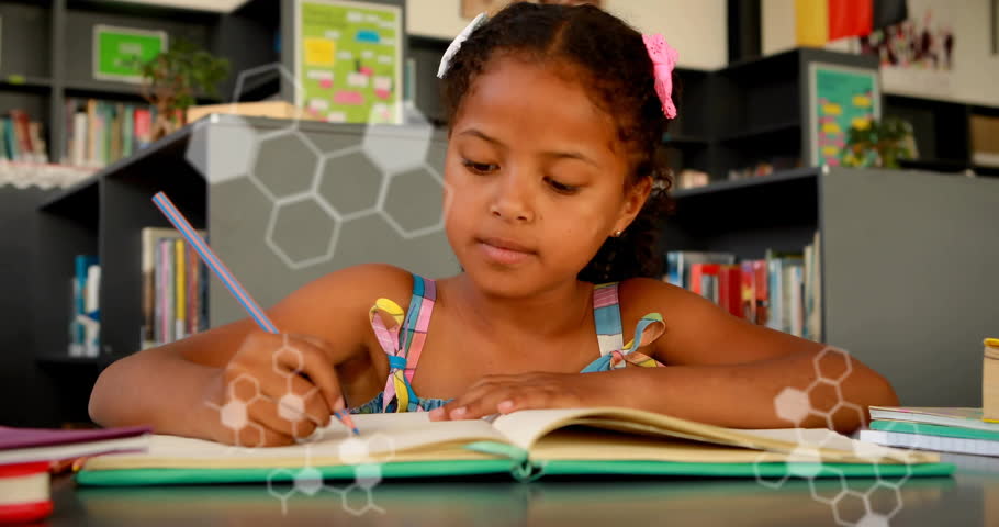 Girl opening notebook and reaching for pencil in education area using hexagons and code overlay. Learning, concentration, innovation, technology, education, creativity, focus