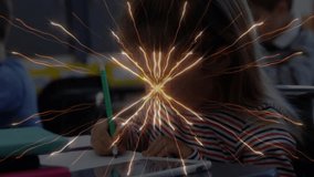 Girl lifting pencil and starting writing in school referencing tablet with starburst overlay. Education, learning, concentration, innovation, creativity, collaboration, youthful - Powered by Shutterstock - Get 15% off with code: PIKWIZARD15