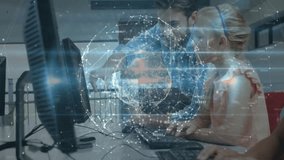 Teacher pointing at monitor guiding toddler keys as holographic network globe pulsing in education. Education, mentorship, technology, learning, kids, classroom, digital - Powered by Shutterstock - Get 15% off with code: PIKWIZARD15