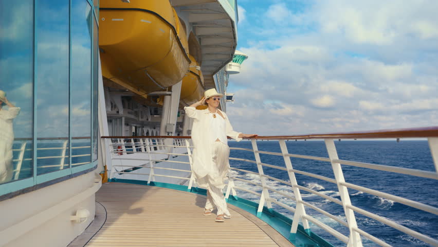 An elegantly dressed woman strolls on a luxurious cruise ship deck, captivated by the stunning ocean views and colorful skies of the USA, experiencing joy, wonder, and tranquility