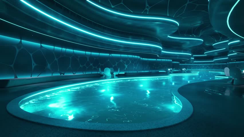 A neon-lit river of peace inside a building rendered using 3Ds Max. 3D visualization. Looping animation
