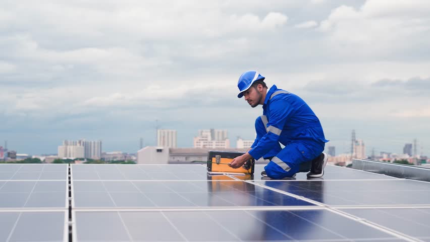 Engineer inspects solar panel system and electric line on industrial rooftop to ensure efficiency and renewable energy generation.