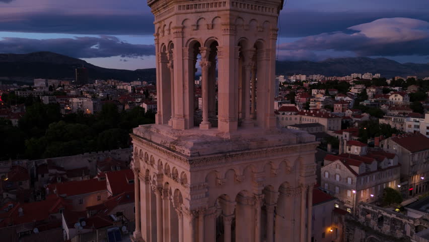 Cathedral Of Saint Domnius And Bell Tower In The Old Town Of Split, Croatia. Aerial Pullback Shot