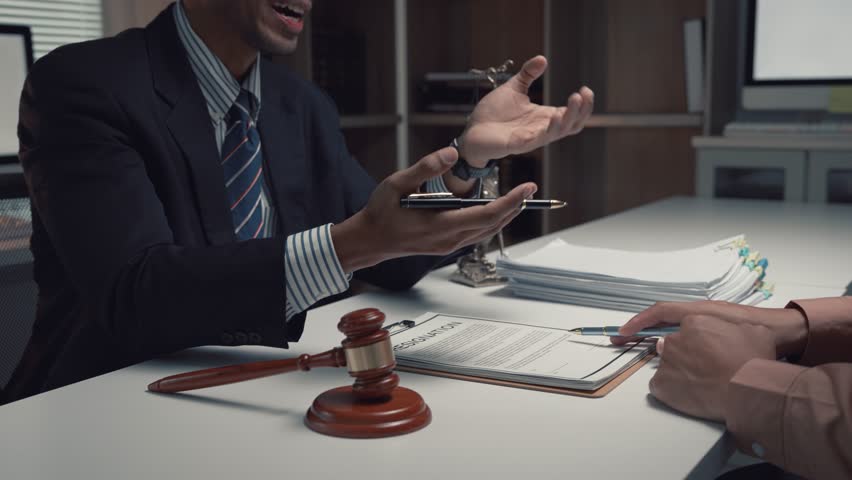 Professional lawyer discussing contract details with client in modern law office, providing legal guidance and expertise during consultation