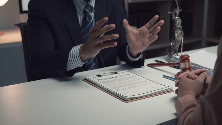 Professional lawyer explaining resignation details, providing legal guidance while shaking hands during formal office consultation about employment contract