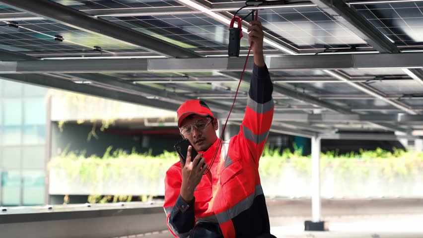 Professional Engineering Man Installing Rooftop Solar Panel and Inspecting Electric Connection on Industrial Building for Clean Energy