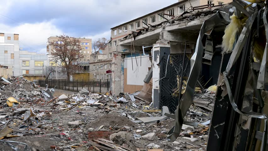 In Kramatorsk, Ukraine, a large urban area lies in ruins after a Russian strike. Rubble and debris highlight the devastating impact of the ongoing Ukraine-Russia war and brutal urban warfare.