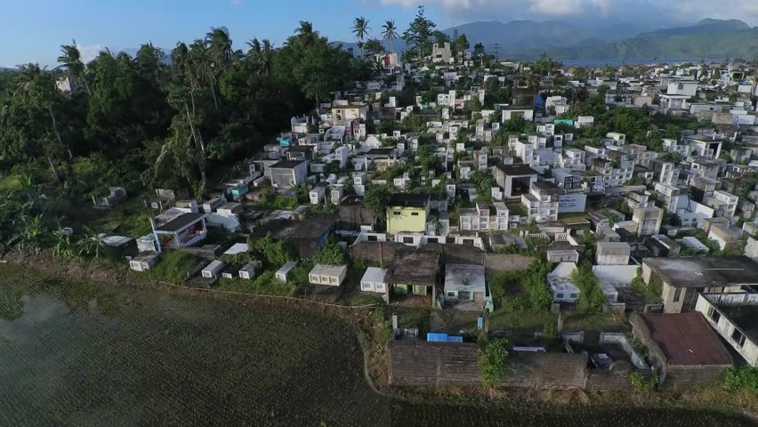 Aerial drone view of a rural Indian village with closely packed houses surrounded by palm trees and hills. Peaceful scene capturing traditional village layout and tropical surroundings.