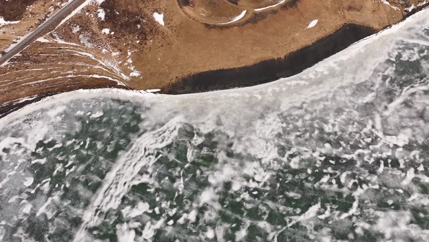 Pseudo Craters And Frozen Lake Mývatn In Iceland - Drone Shot