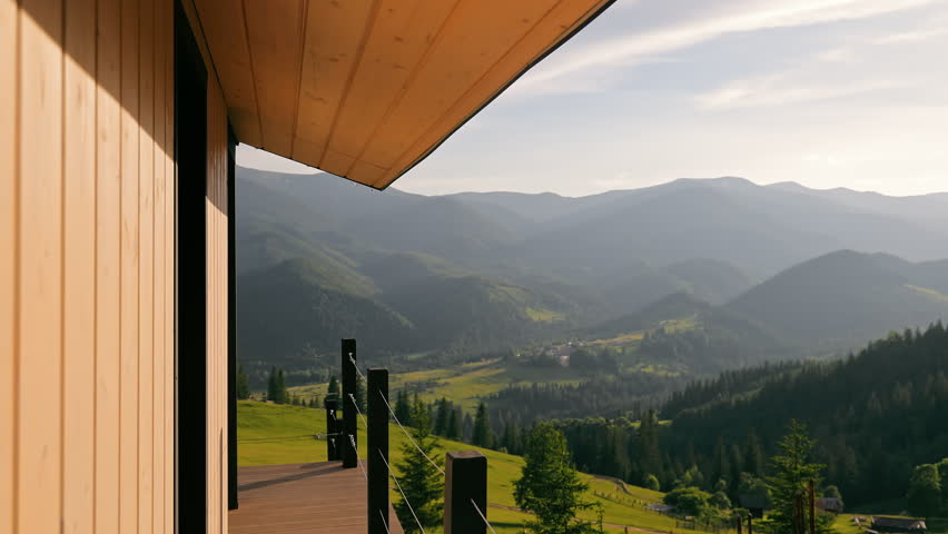 Mountain View From Wooden Terrace in Summer, Scenic Valley and Forest Hills Under Soft Evening Light, Modern Cabin Architecture in Rural Carpathians Landscape Perspective