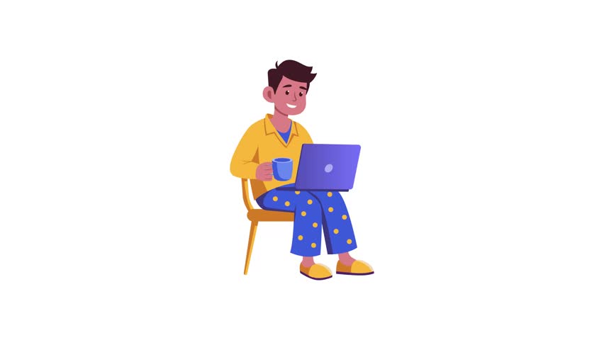 A flat style animated illustration of remote worker using laptop