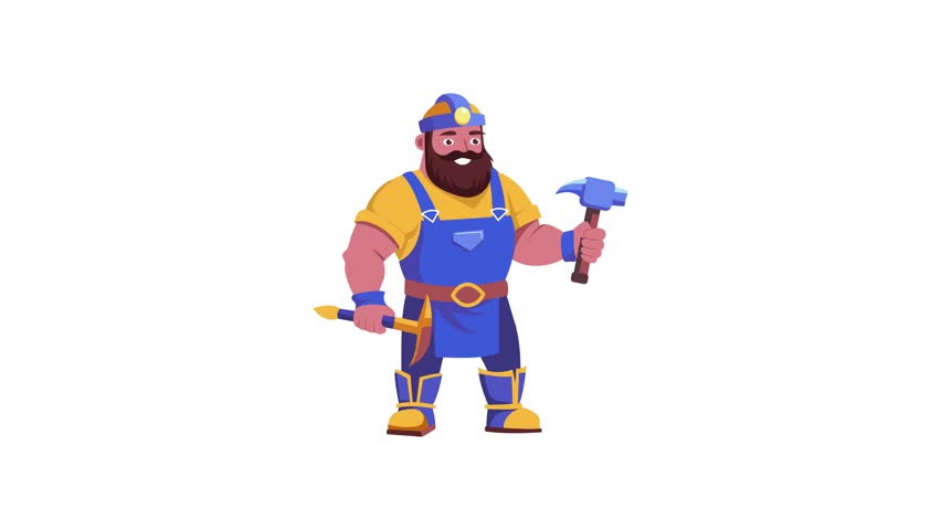 A flat style animated illustration of a dwarf blacksmith