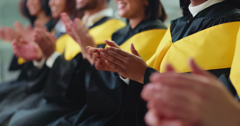 Graduation, clapping hands and group of students at ceremony for success or education milestone. Happy people, graduate and applause for college goal, finish university and celebrate achievement