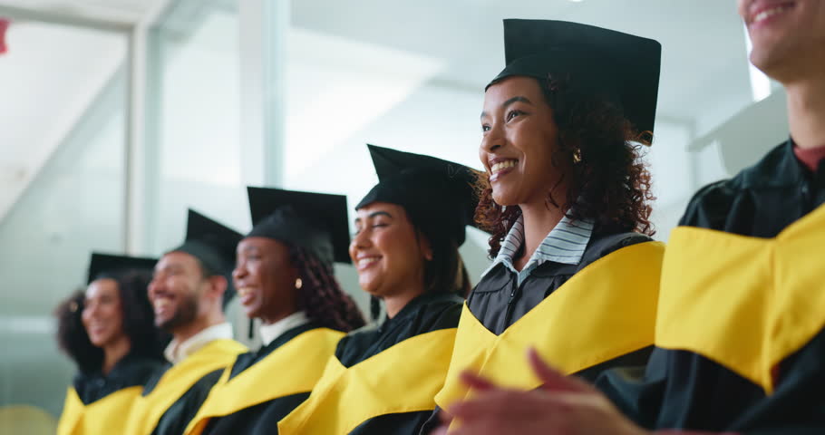 Graduation, applause and group of students at ceremony for academic success or education milestone. Happy people, graduate or clap for college goal, finish university or celebration with peer support