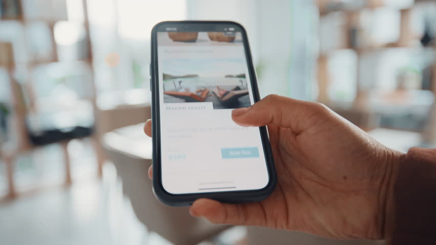 Phone, hands or person on holiday booking website in office planning vacation options on app screen. Travel choice, scroll or search display online for day off, leave or hotel info in mobile closeup