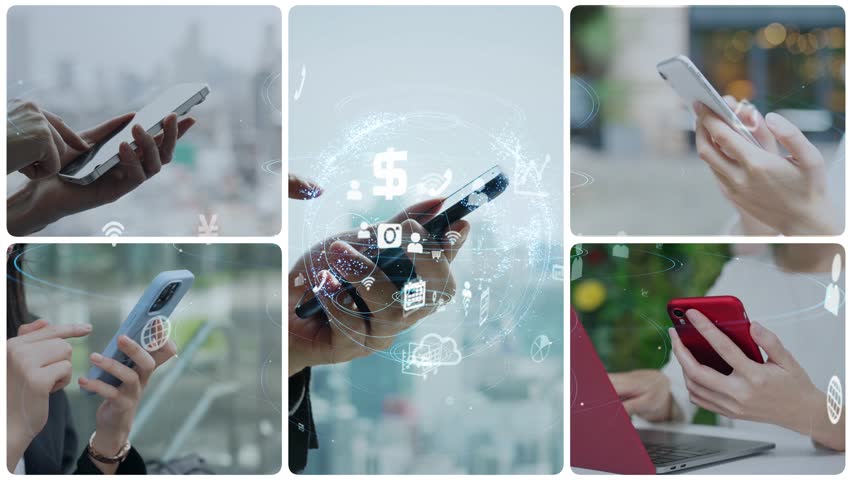 Collage video of various smartphone usage scenes and communication network concept