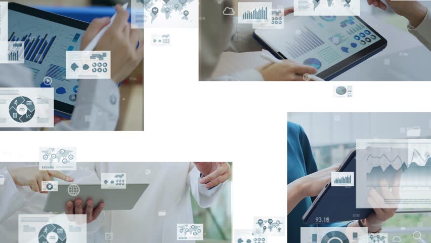 Collage of various scenes using tablet PC and measurement data concept